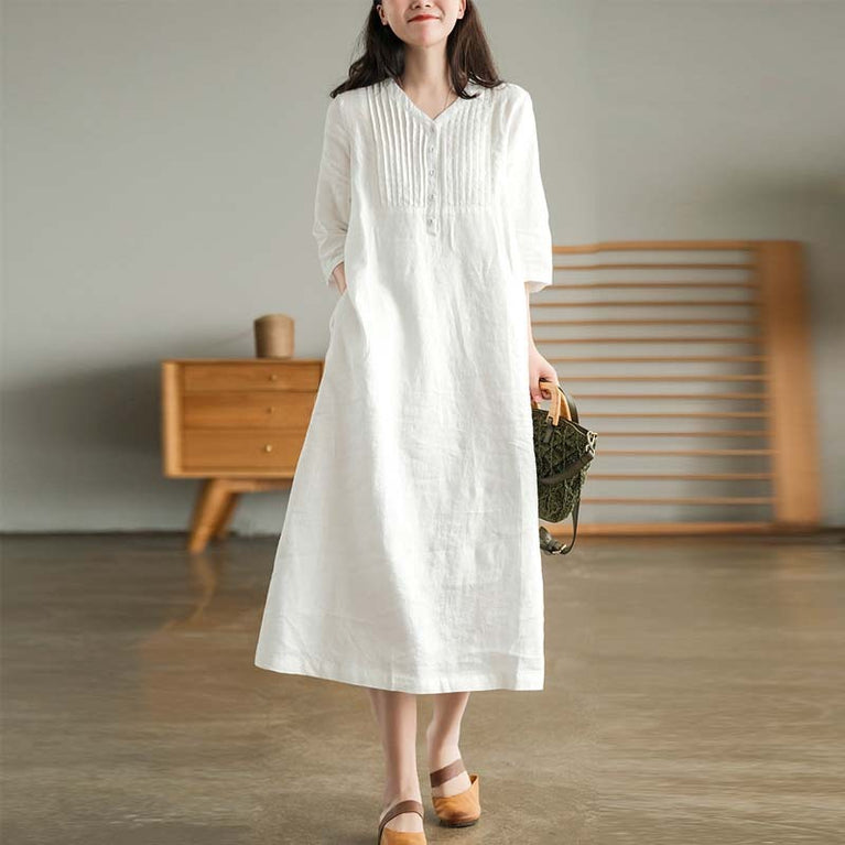 Artistic Loose Solid Color Cotton And Linen V-neck Half-length Sleeve Dress Women's Mid-length