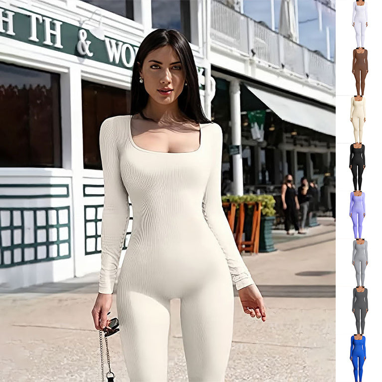 Long Sleeve Square Collar Workout Jumpsuit