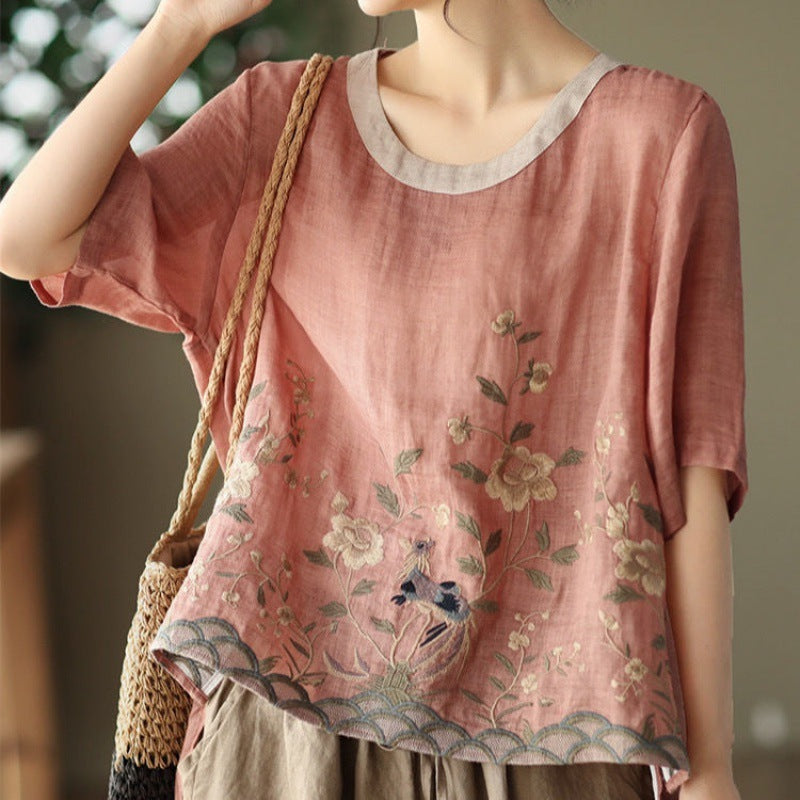 Embroidery Top Colored Round Neck