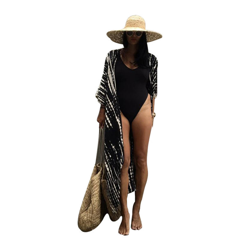 Boho Printed Fringed Long Kimono Plus Size Beach Cardigan