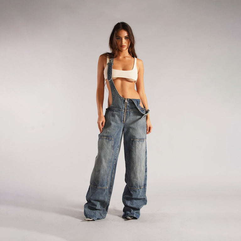 Zipper Denim Overalls With Pockets Suspender Jumpsuit