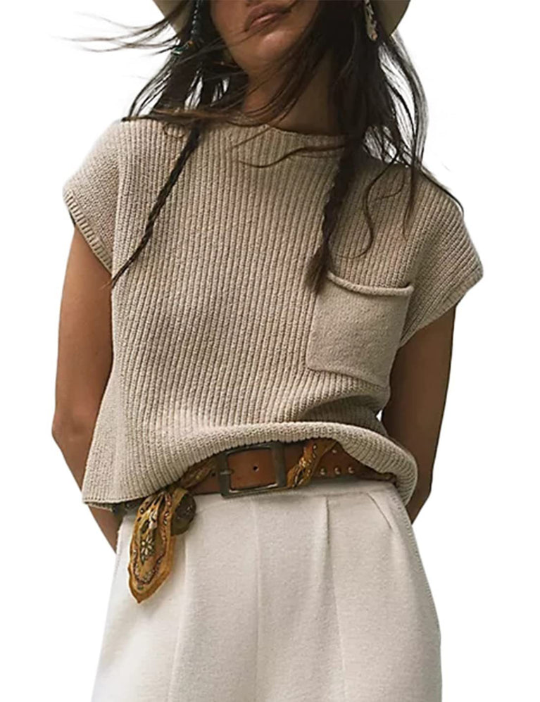 Knitted Sleeveless Pocket Casual Rib Pullover Vest