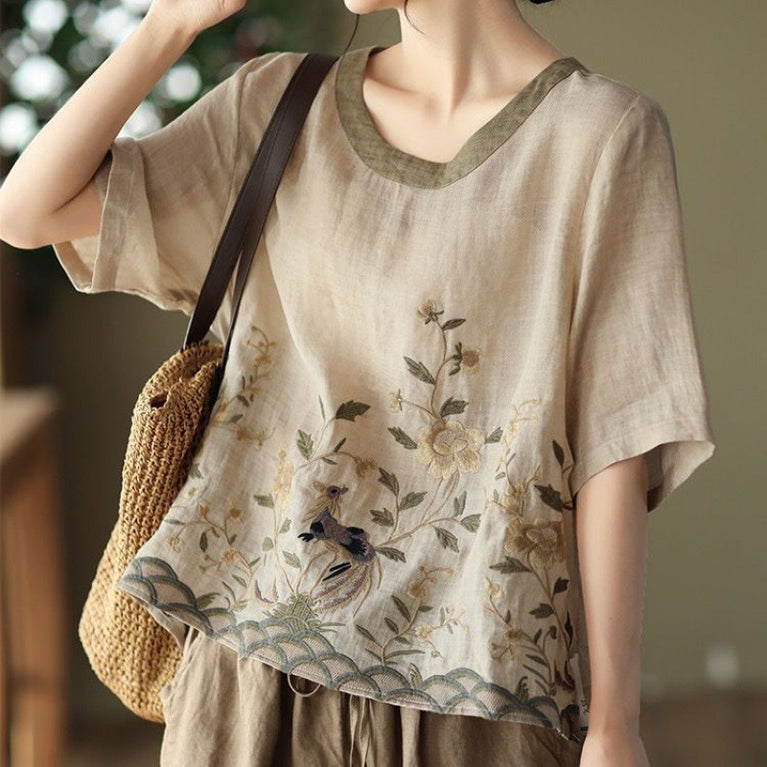 Embroidery Top Colored Round Neck