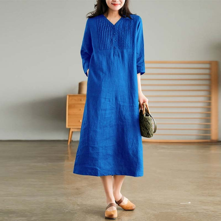 Artistic Loose Solid Color Cotton And Linen V-neck Half-length Sleeve Dress Women's Mid-length