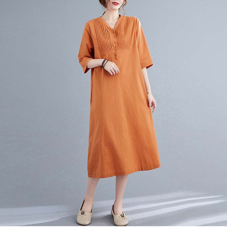 Artistic Loose Solid Color Cotton And Linen V-neck Half-length Sleeve Dress Women's Mid-length