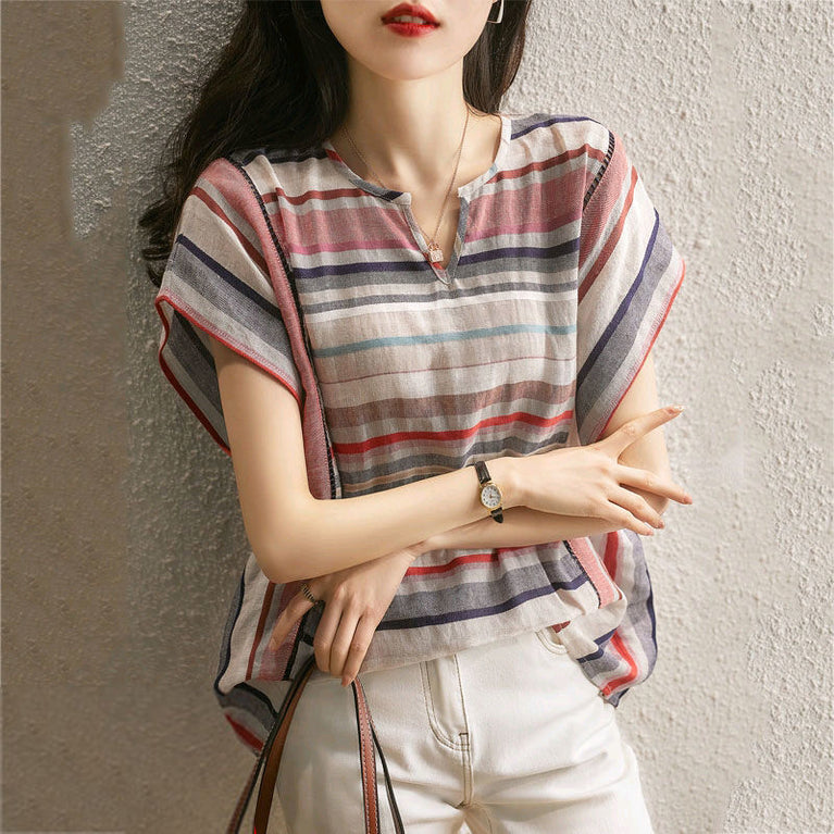 Striped Short Sleeve Loose Shirt