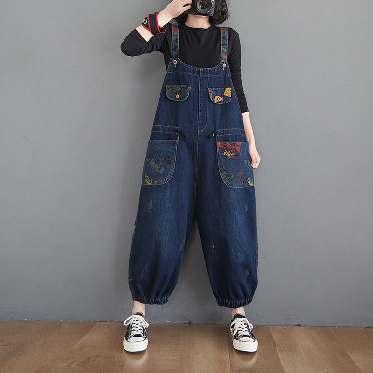 Plus Size Printed Suspender Jeans