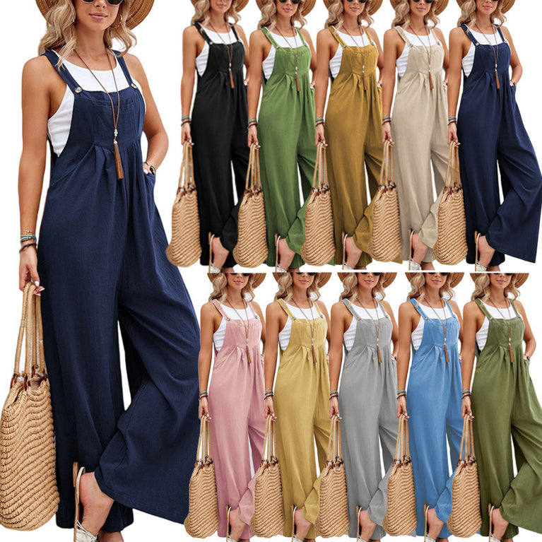 Solid Color Casual Suspender Trousers Overall