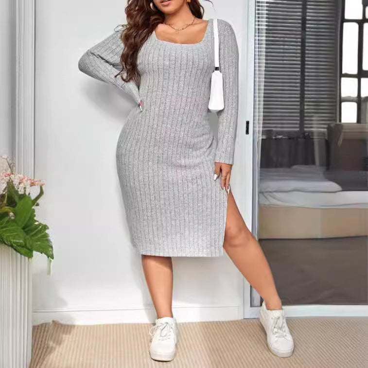 Long Sleeve Narrow Slit Stripe Knitted Dress