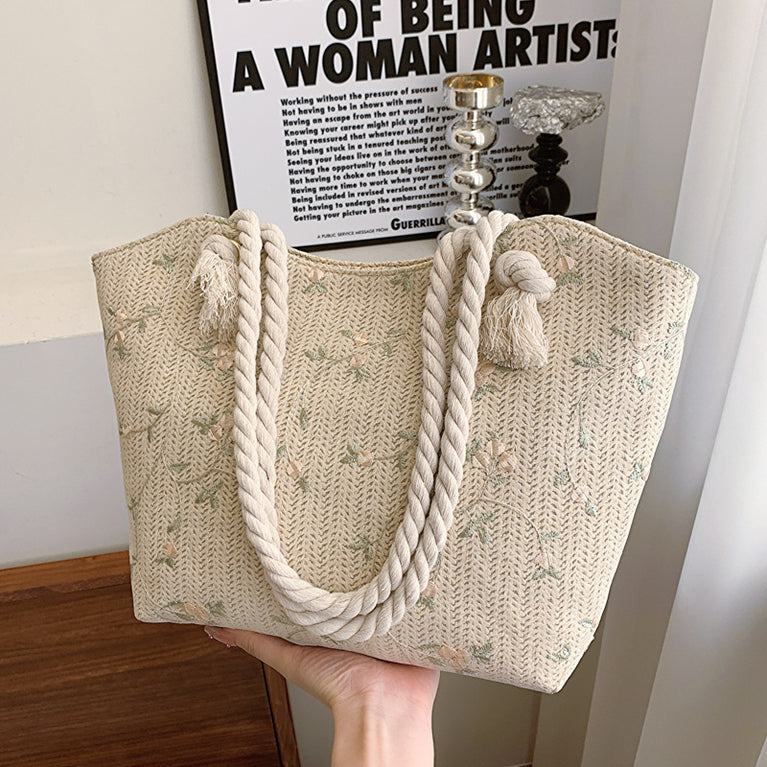 New And Simple Straw Bag Lace Bag Ins Straw Shoulder Bag Large Capacity Flower Fashion Women Handbag