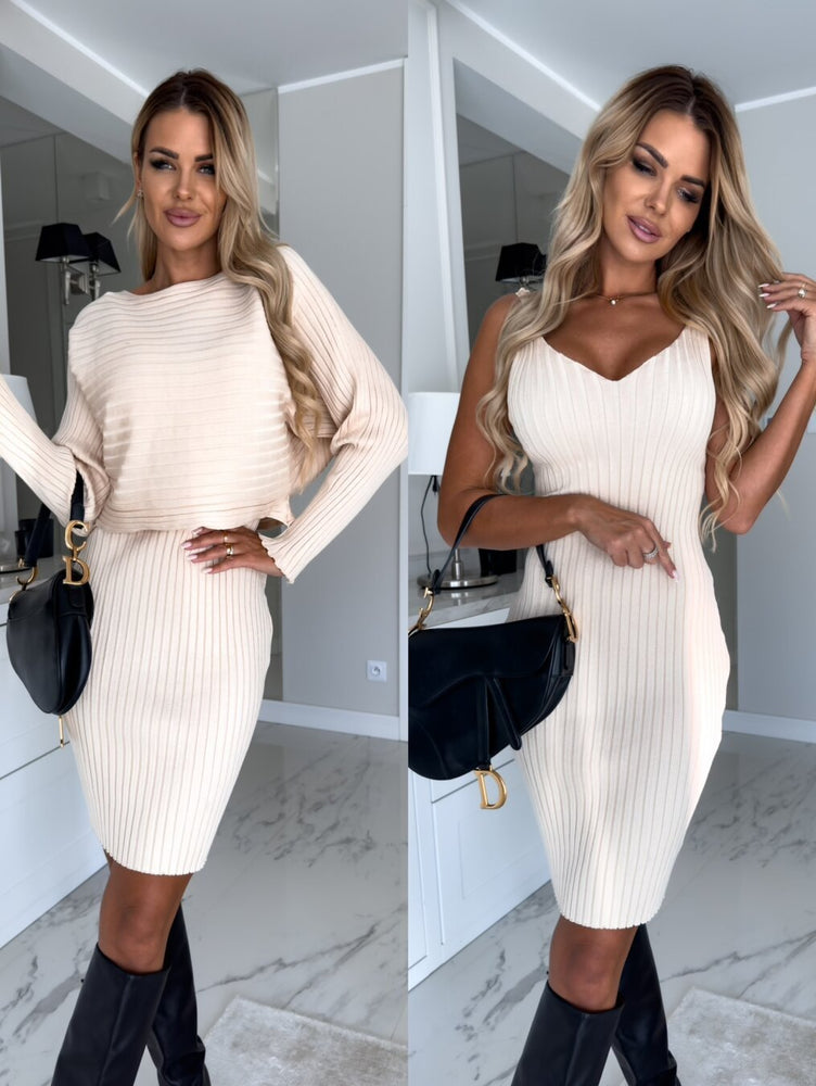 Solid Stripe Long-sleeved Top And Tight Skirt