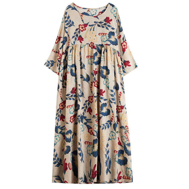 Plus Size Cotton Linen Print Short Sleeve Dress