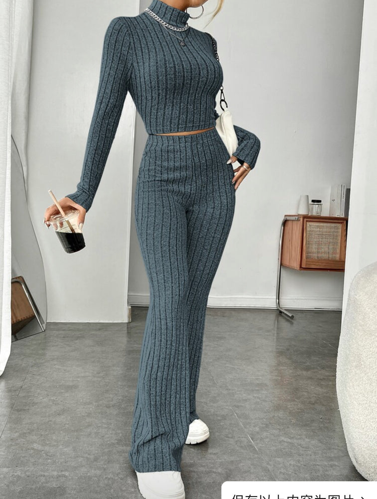 Long Sleeve Turtlenecks with Wide Leg High Waist Trousers Suit