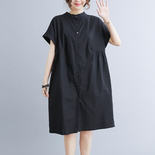 Cotton And Linen Collar Short Sleeves Dress