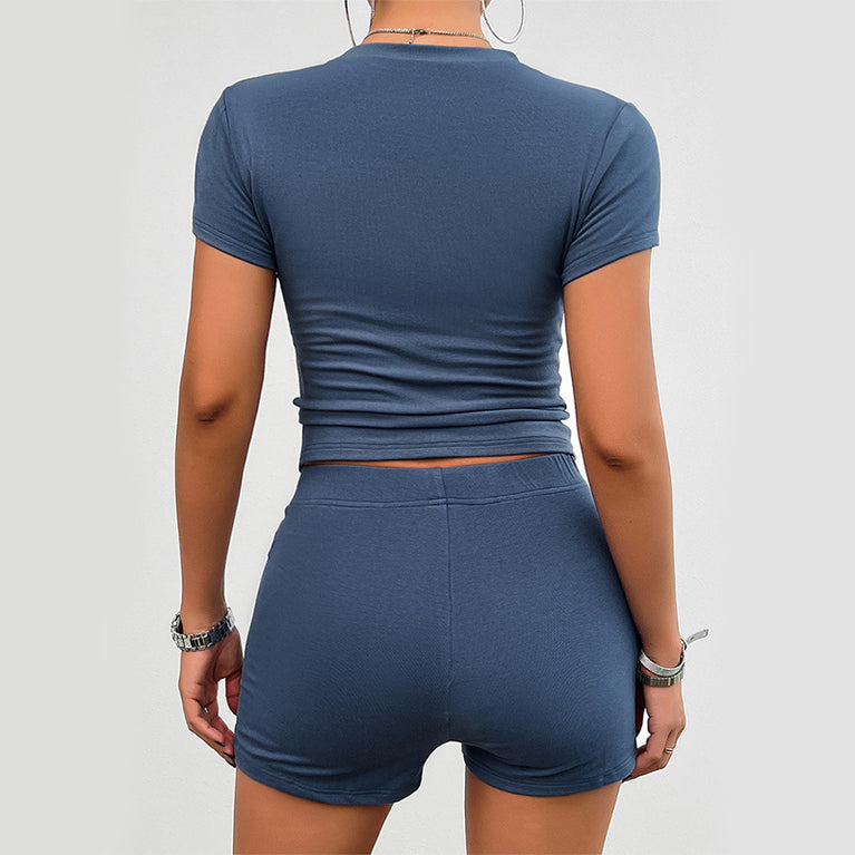 Slim Sports Suit 2Pcs Short-sleeved Round Neck T-shirt And Elastic Shorts